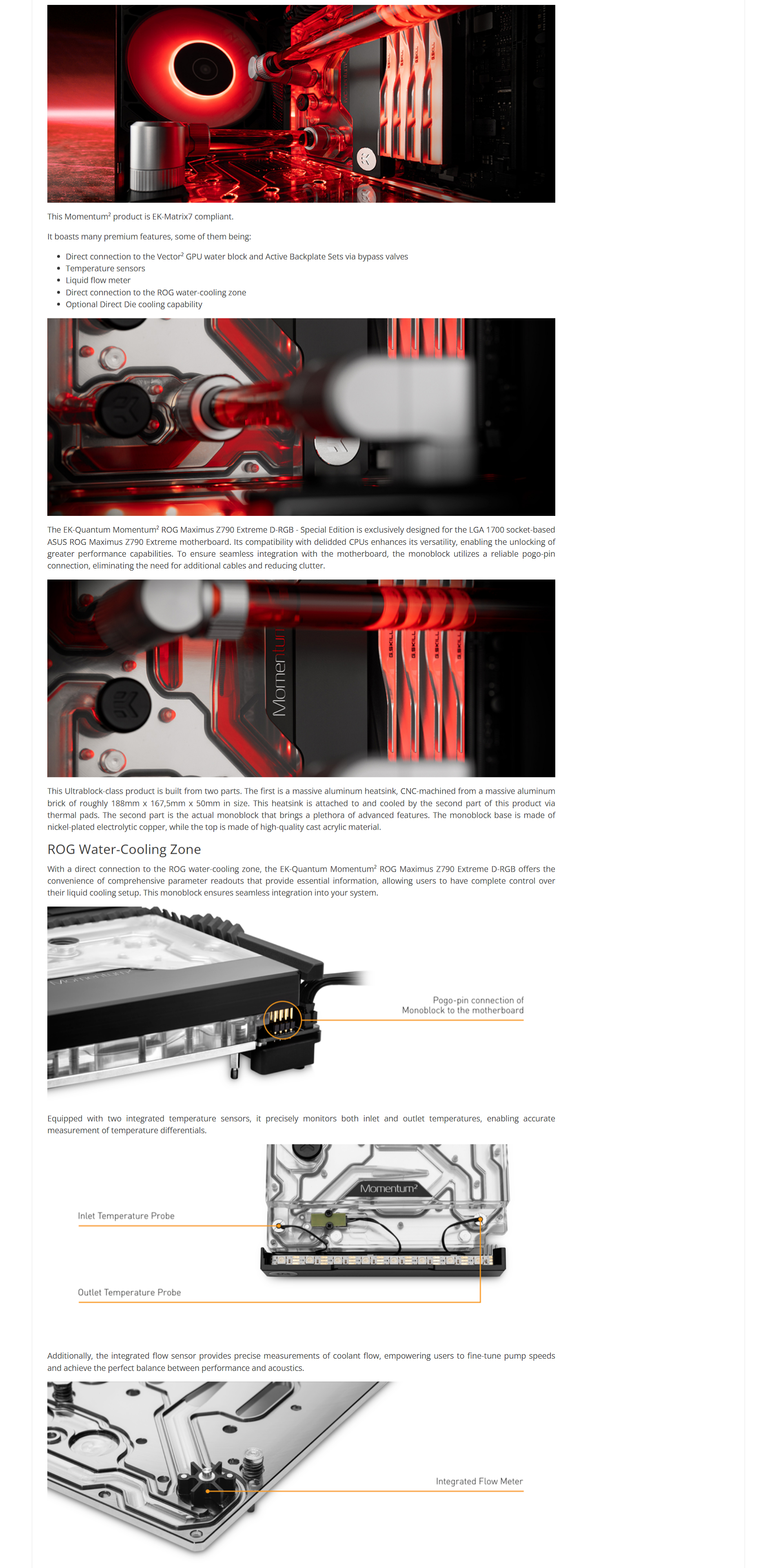 A large marketing image providing additional information about the product EK Quantum Momentum 2 ROG Maximus Z790 Extreme D-RGB Special Edition Waterblock - Nickel + Plexi - Additional alt info not provided